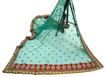 Indian Vintage Heavy Bridal Green Net Dupatta | Hand Embroidered Zardozi Zari Sequins Stole | Floral Design Hijab Veil | Wedding/Party Wear