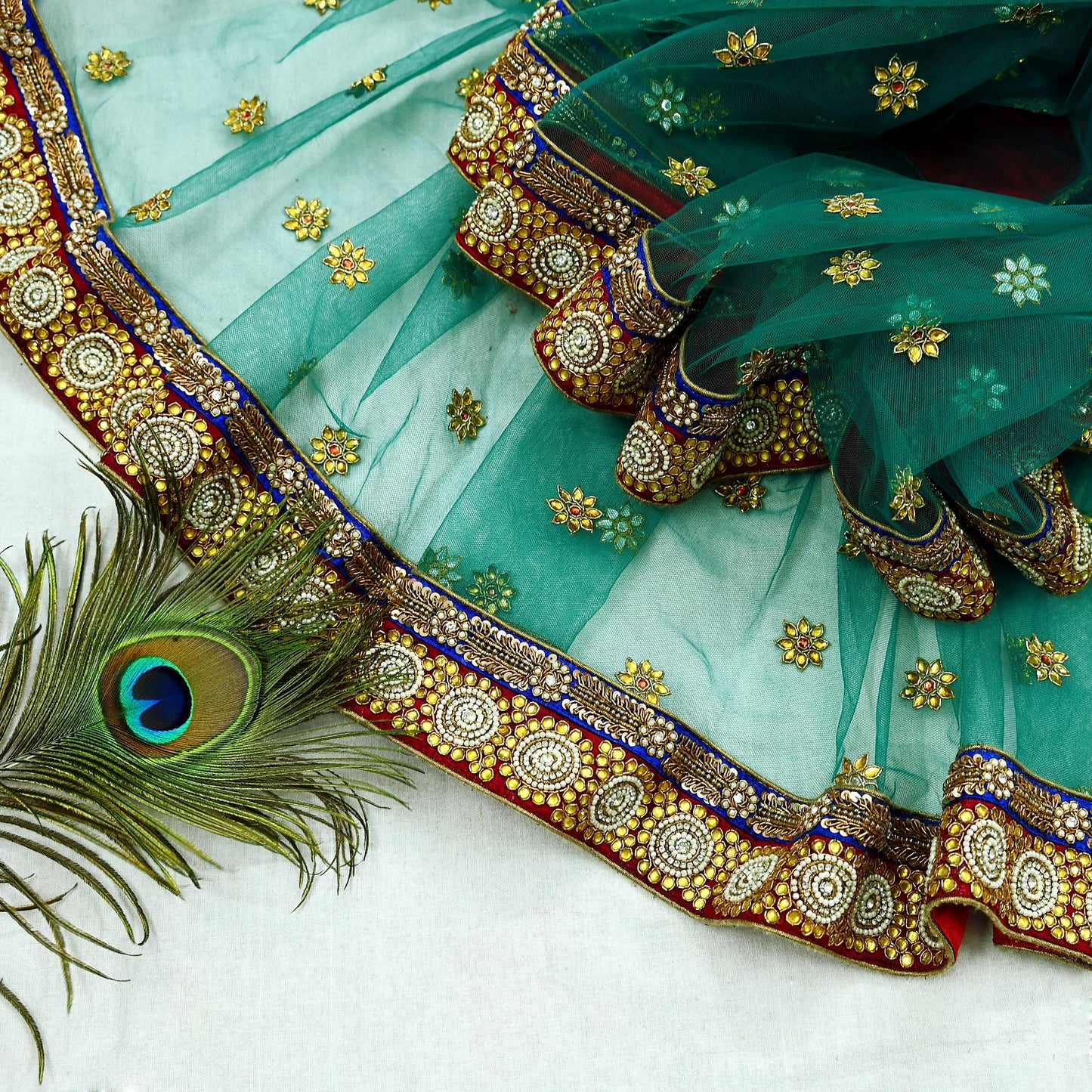Indian Vintage Heavy Bridal Green Net Dupatta | Hand Embroidered Zardozi Zari Sequins Stole | Floral Design Hijab Veil | Wedding/Party Wear