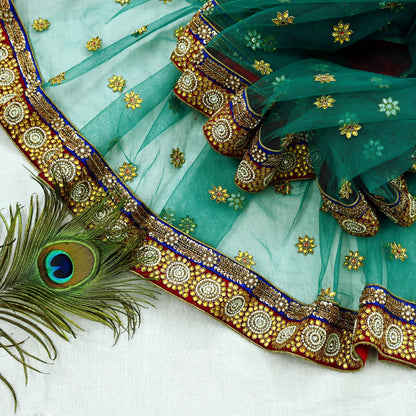 Indian Vintage Heavy Bridal Green Net Dupatta | Hand Embroidered Zardozi Zari Sequins Stole | Floral Design Hijab Veil | Wedding/Party Wear