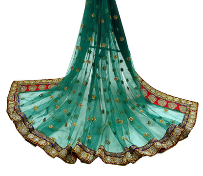 Indian Vintage Heavy Bridal Green Net Dupatta | Hand Embroidered Zardozi Zari Sequins Stole | Floral Design Hijab Veil | Wedding/Party Wear