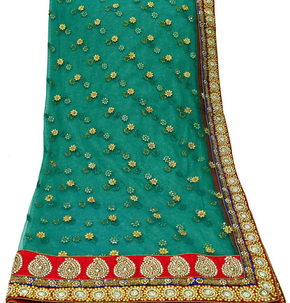 Indian Vintage Heavy Bridal Green Net Dupatta | Hand Embroidered Zardozi Zari Sequins Stole | Floral Design Hijab Veil | Wedding/Party Wear