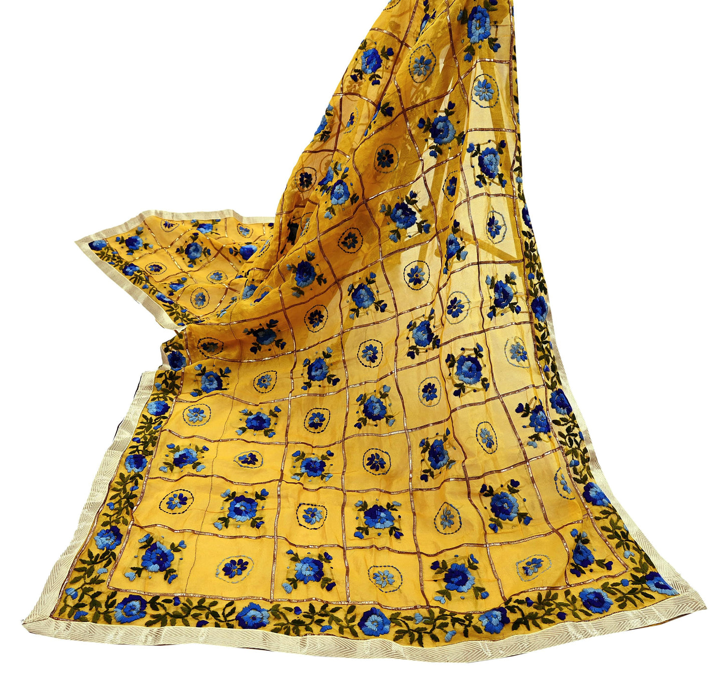 Indian Vintage Dupatta Saffron Long Stole Chanderi Hand Embroidered Bagh Phulkari Stole Scarves Party wear