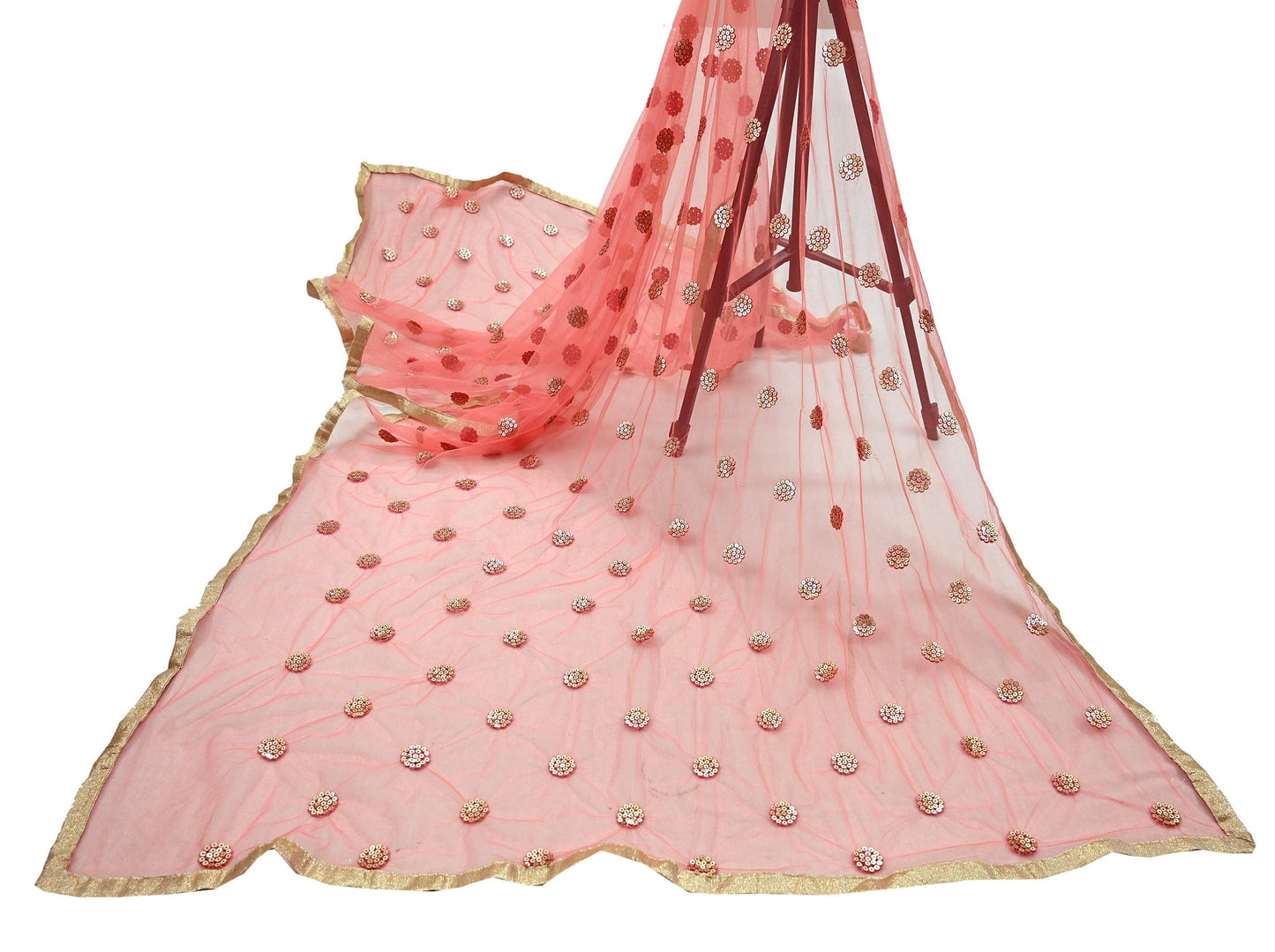 Indian Vintage Peach Dupatta Long Stole Net Mess Hand Embroidered Scarves Veil Hijab Sequins stole veil hijab