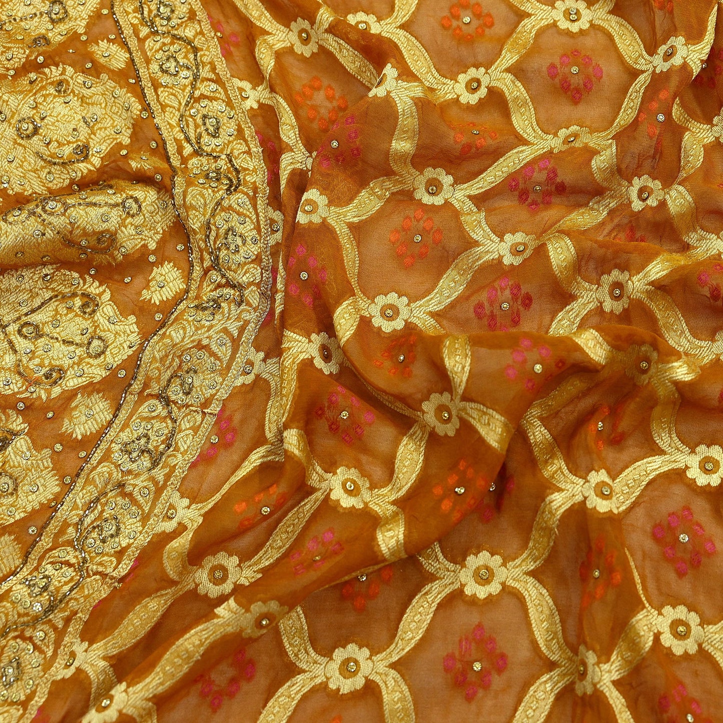 Indian Vintage Saffron Dupatta Blend Cotton Embroidered Bandhani Long Stole Scarves Veil Scarf Wrap Hippie Boho Soft Zari Floral