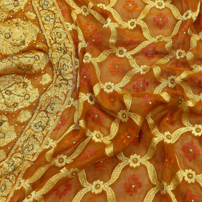 Indian Vintage Saffron Dupatta Blend Cotton Embroidered Bandhani Long Stole Scarves Veil Scarf Wrap Hippie Boho Soft Zari Floral