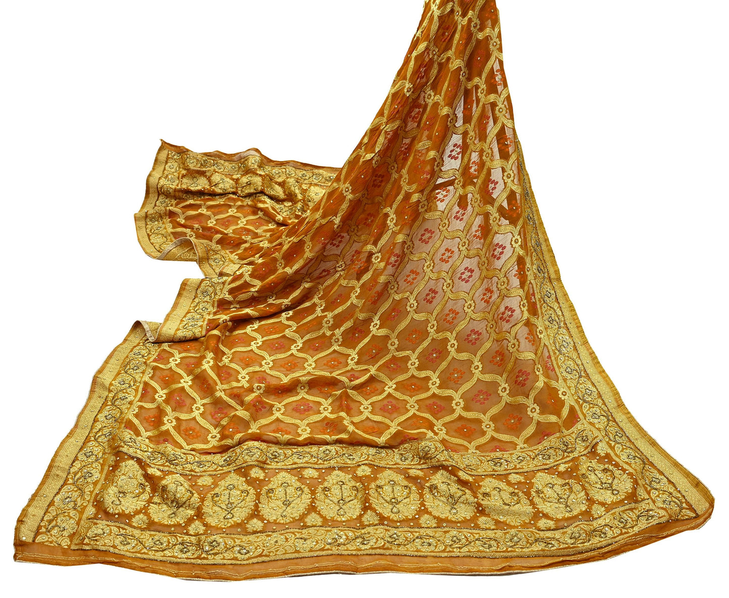 Indian Vintage Saffron Dupatta Blend Cotton Embroidered Bandhani Long Stole Scarves Veil Scarf Wrap Hippie Boho Soft Zari Floral