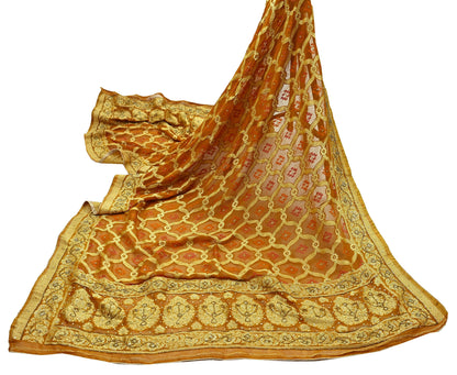Indian Vintage Saffron Dupatta Blend Cotton Embroidered Bandhani Long Stole Scarves Veil Scarf Wrap Hippie Boho Soft Zari Floral