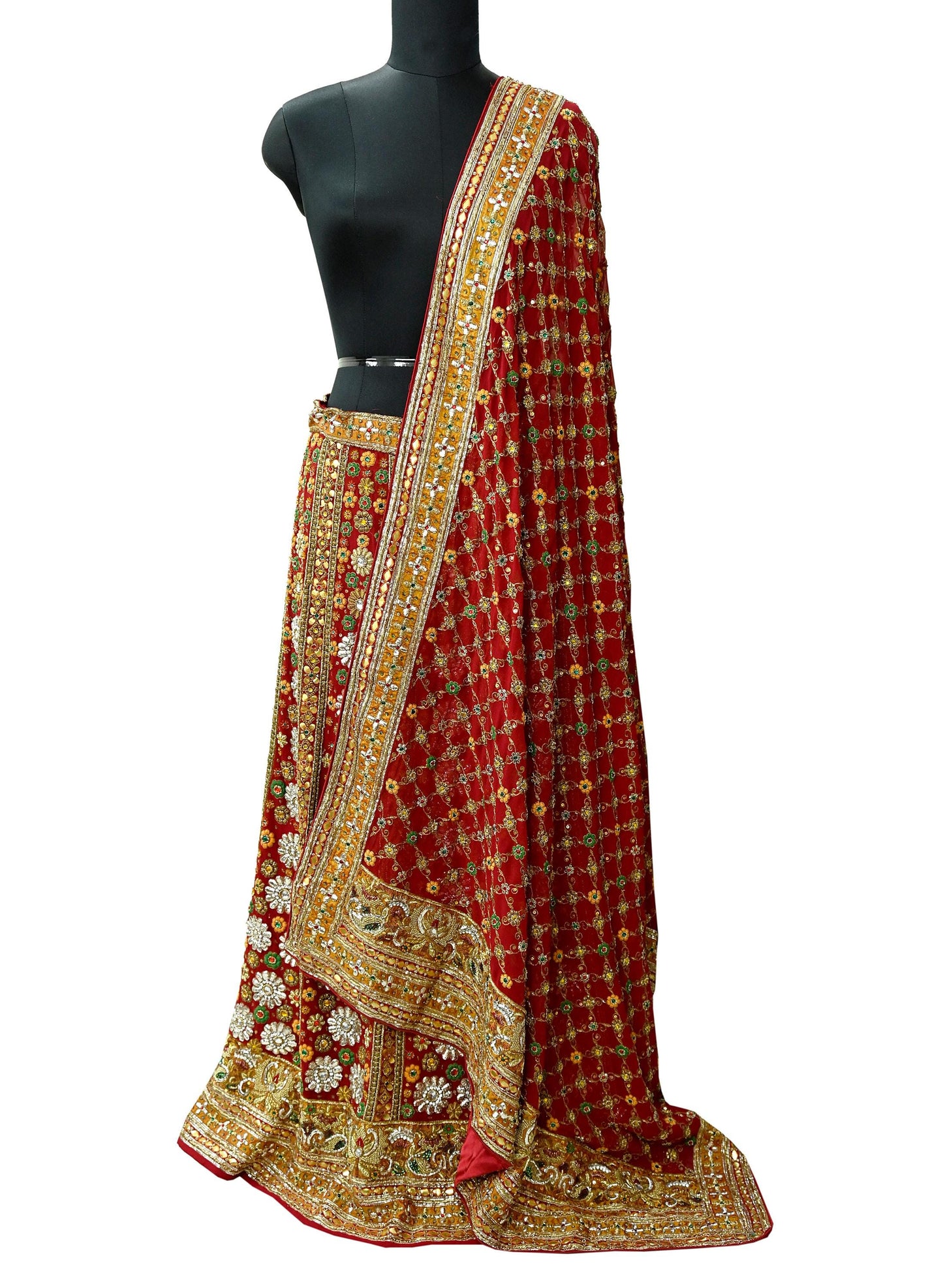 Indian Vintage Heavy Red Pure Georgette Silk Hand Embroidered Unstitched Lehenga 2Pcs Set Designer By Manish Malhotra