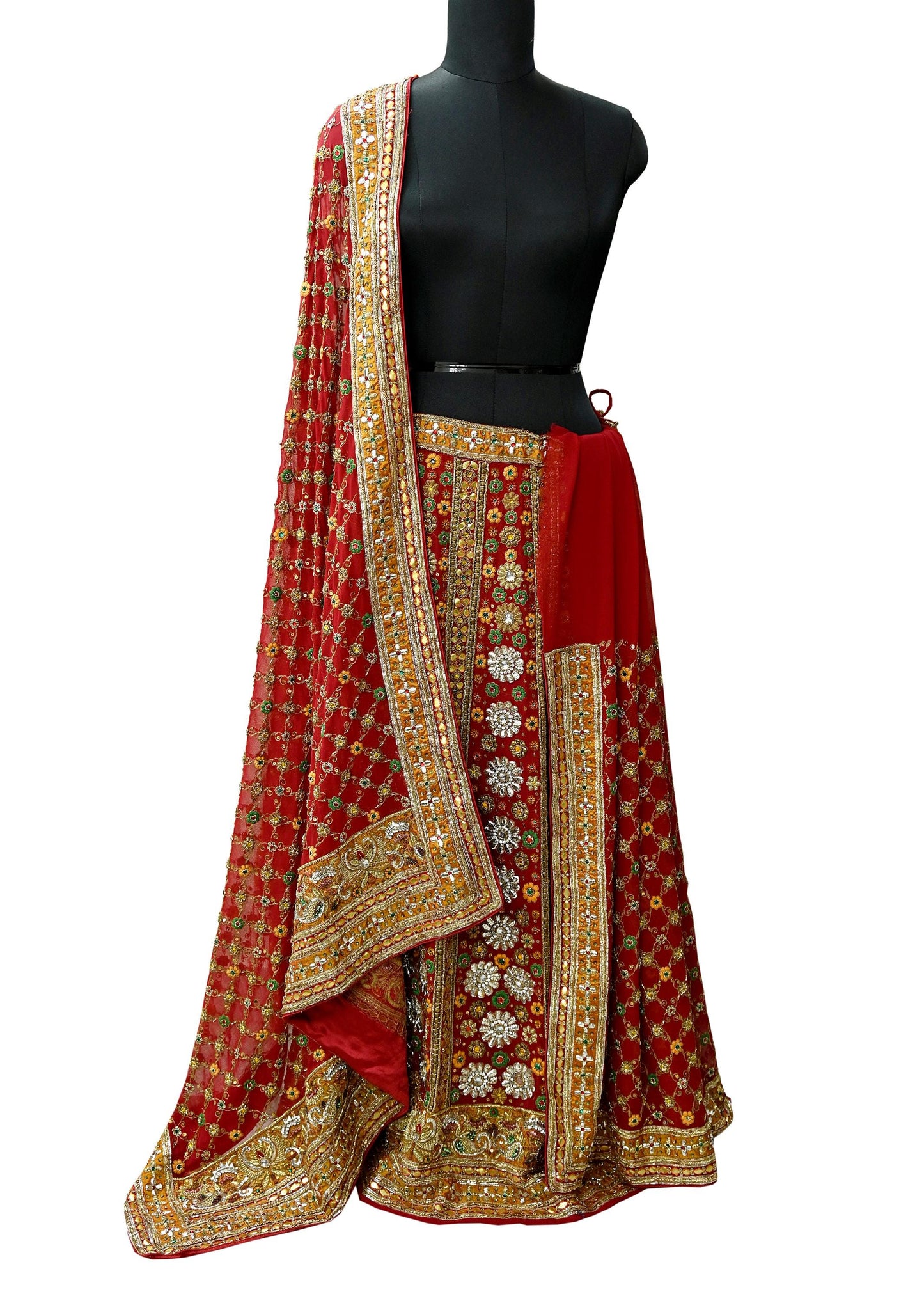 Indian Vintage Heavy Red Pure Georgette Silk Hand Embroidered Unstitched Lehenga 2Pcs Set Designer By Manish Malhotra