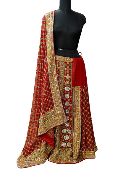 Indian Vintage Heavy Red Pure Georgette Silk Hand Embroidered Unstitched Lehenga 2Pcs Set Designer By Manish Malhotra