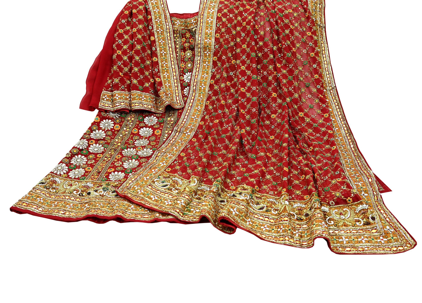 Indian Vintage Heavy Red Pure Georgette Silk Hand Embroidered Unstitched Lehenga 2Pcs Set Designer By Manish Malhotra