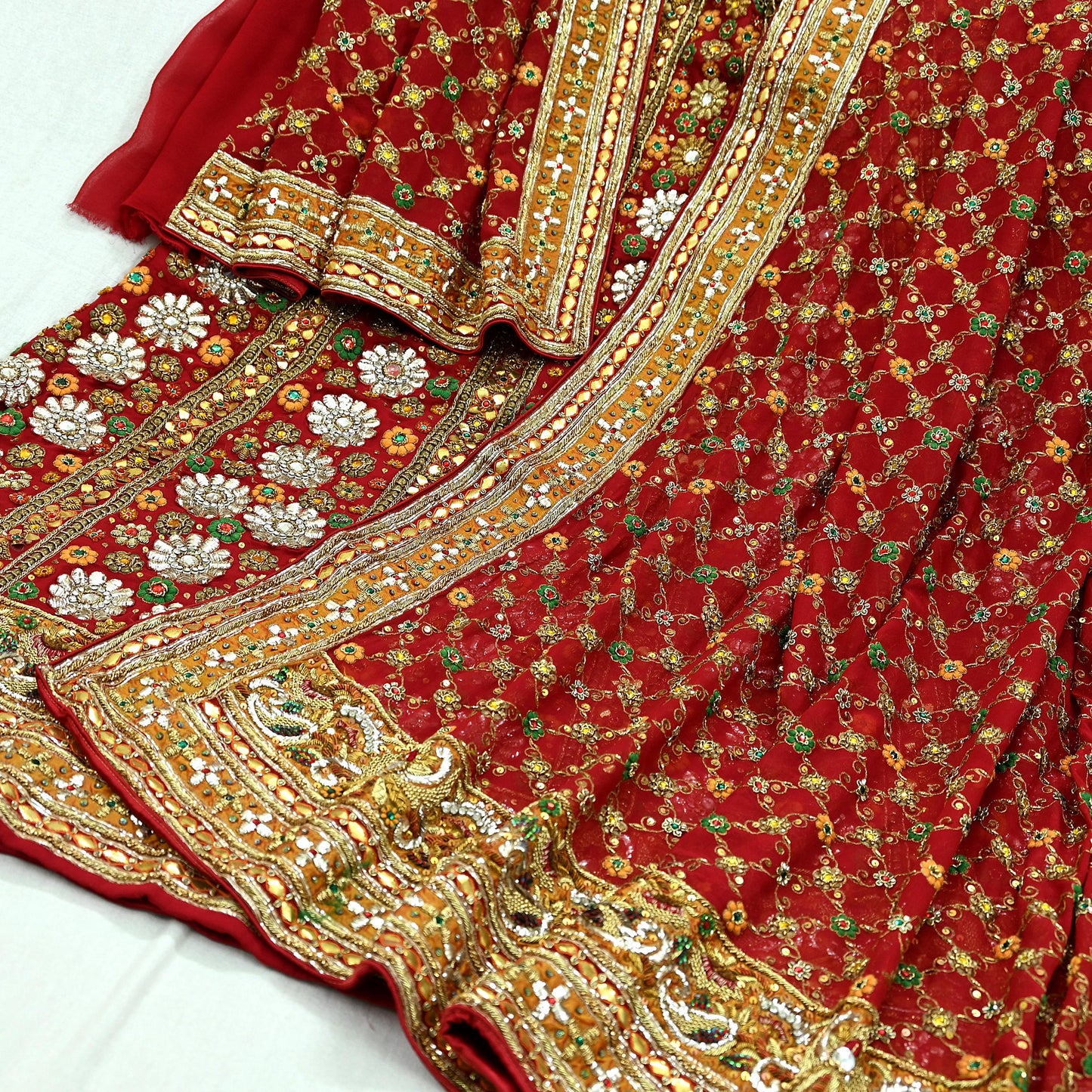 Indian Vintage Heavy Red Pure Georgette Silk Hand Embroidered Unstitched Lehenga 2Pcs Set Designer By Manish Malhotra