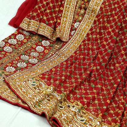 Indian Vintage Heavy Red Pure Georgette Silk Hand Embroidered Unstitched Lehenga 2Pcs Set Designer By Manish Malhotra