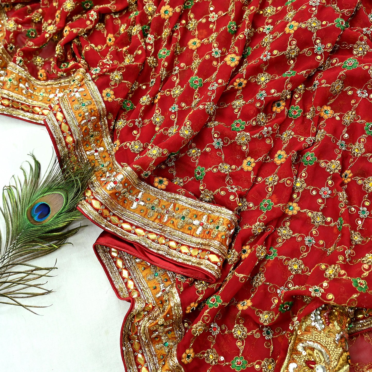 Indian Pre-owned Heavy Red Pure Georgette Silk Hand Embroidered Dupatta Designer By Manish Malhotra Bridal Wear Dabka Zardozi Veil Hijab