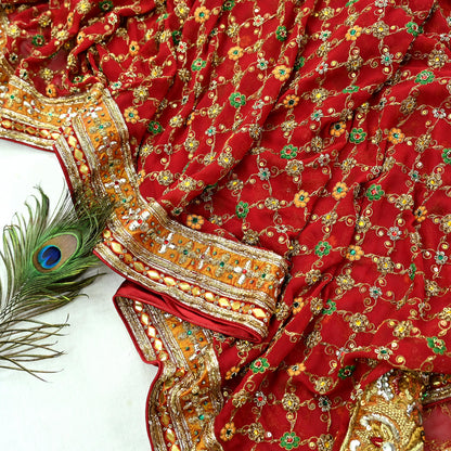 Indian Pre-owned Heavy Red Pure Georgette Silk Hand Embroidered Dupatta Designer By Manish Malhotra Bridal Wear Dabka Zardozi Veil Hijab