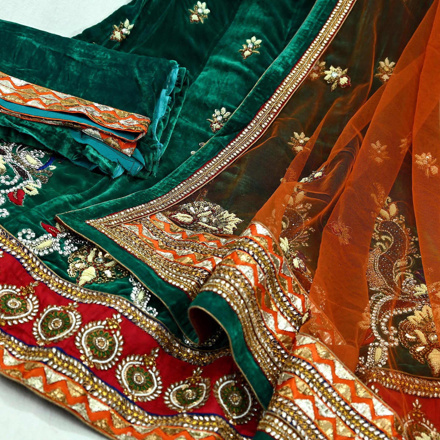 Indian Heavy Wedding Green & Orange Net/Mesh/Velvet Hand Embroidered Fish Cut Lehenga 3pcs Set Designer By Anamika Khanna Party Wear Peacock