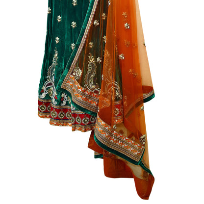 Indian Heavy Wedding Green & Orange Net/Mesh/Velvet Hand Embroidered Fish Cut Lehenga 3pcs Set Designer By Anamika Khanna Party Wear Peacock