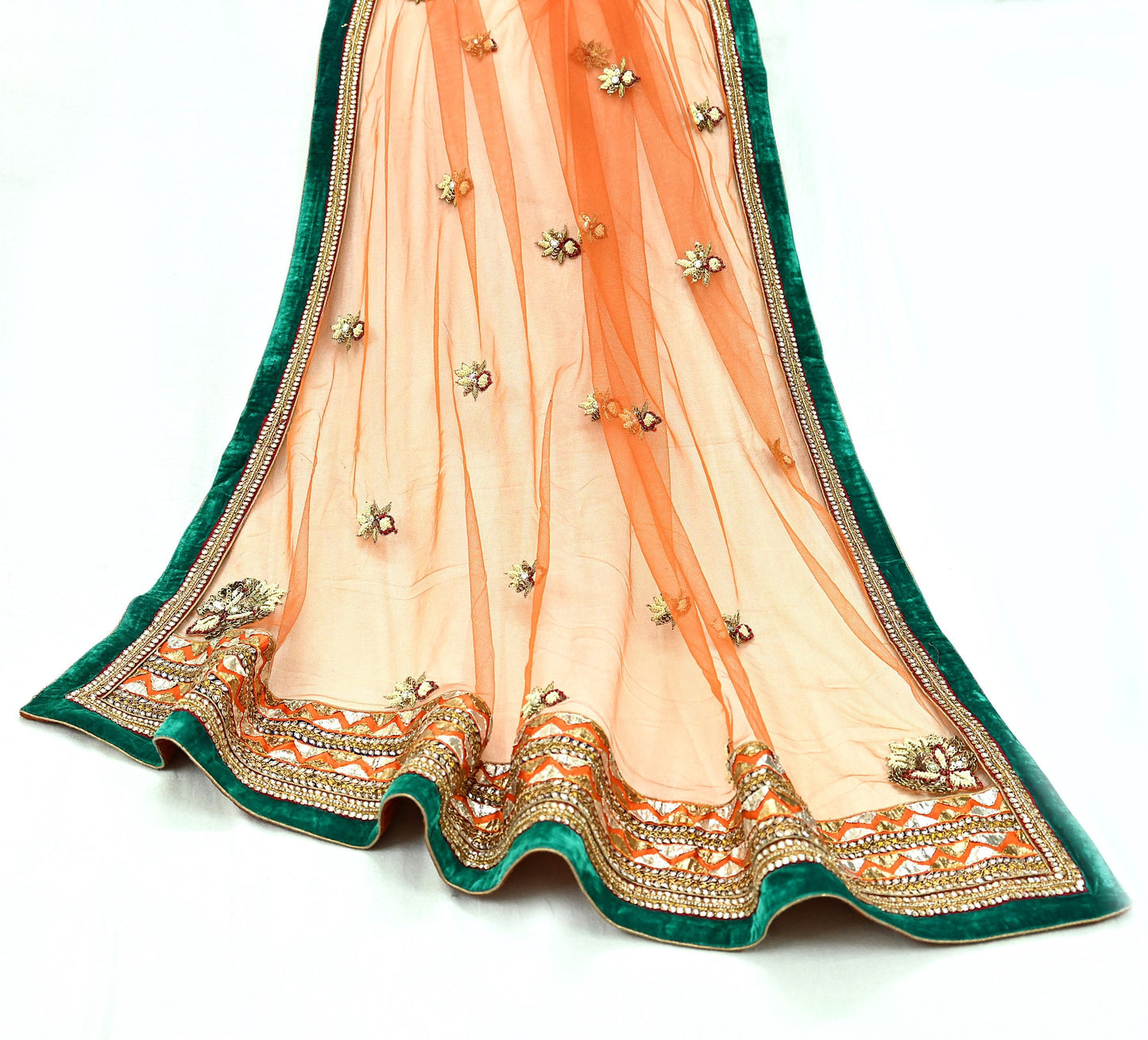 Indian Heavy Wedding Green & Orange Net/Mesh/Velvet Hand Embroidered Fish Cut Lehenga 3pcs Set Designer By Anamika Khanna Party Wear Peacock