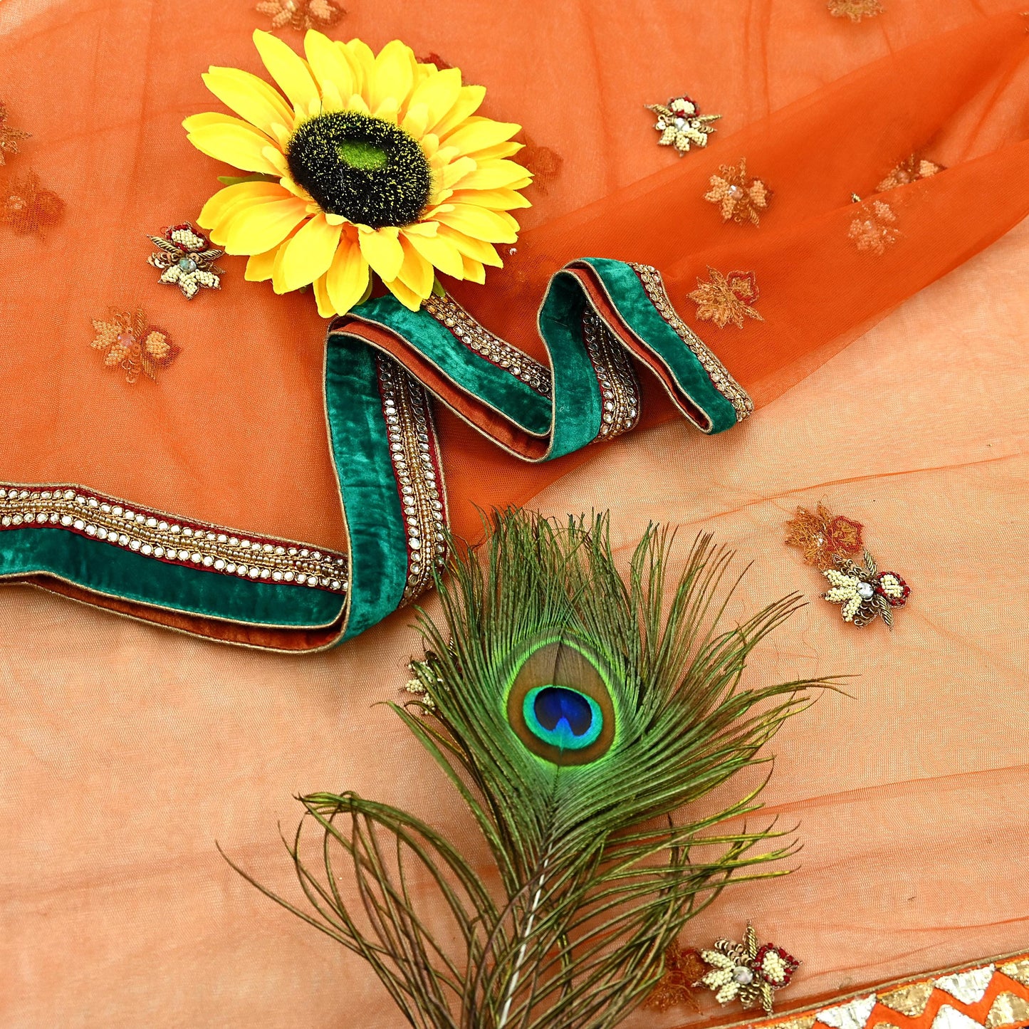 Indian Vintage Heavy Wedding Orange Net/Mesh/ Velvet Hand Embroidered Dupatta Designer By Anamika Khanna Bridal Wear Zardozi Veil Hijab