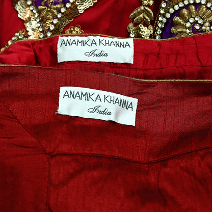 Indian Heavy Wedding Red & Purple Net/Mesh Hand Embroidered Lehenga 3pcs Set Designer By Anamika Khanna Party Wear