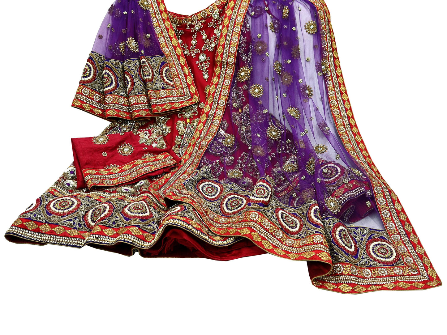 Indian Heavy Wedding Red & Purple Net/Mesh Hand Embroidered Lehenga 3pcs Set Designer By Anamika Khanna Party Wear
