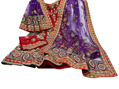 Indian Heavy Wedding Red & Purple Net/Mesh Hand Embroidered Lehenga 3pcs Set Designer By Anamika Khanna Party Wear