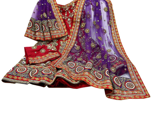 Indian Heavy Wedding Red & Purple Net/Mesh Hand Embroidered Lehenga 3pcs Set Designer By Anamika Khanna Party Wear