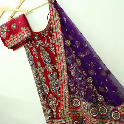 Indian Heavy Wedding Red & Purple Net/Mesh Hand Embroidered Lehenga 3pcs Set Designer By Anamika Khanna Party Wear