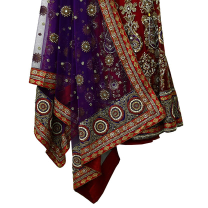 Indian Heavy Wedding Red & Purple Net/Mesh Hand Embroidered Lehenga 3pcs Set Designer By Anamika Khanna Party Wear