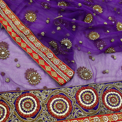 Indian Vintage Heavy Wedding Purple Net/Mesh/ Velvet Hand Embroidered Dupatta Designer By Anamika Khanna Bridal Wear Zardozi Dabka Hijab