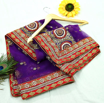 Indian Vintage Heavy Wedding Purple Net/Mesh/ Velvet Hand Embroidered Dupatta Designer By Anamika Khanna Bridal Wear Zardozi Dabka Hijab