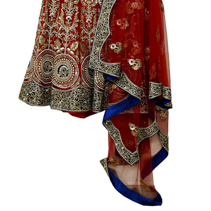 Indian Heavy Wedding Red Net/Mesh Hand Embroidered Lehenga 3pcs Set Designer By Anamika Khanna Party Wear