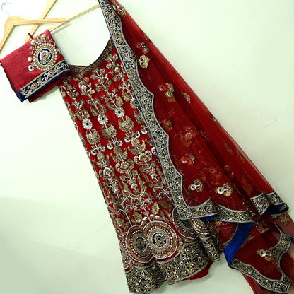 Indian Heavy Wedding Red Net/Mesh Hand Embroidered Lehenga 3pcs Set Designer By Anamika Khanna Party Wear