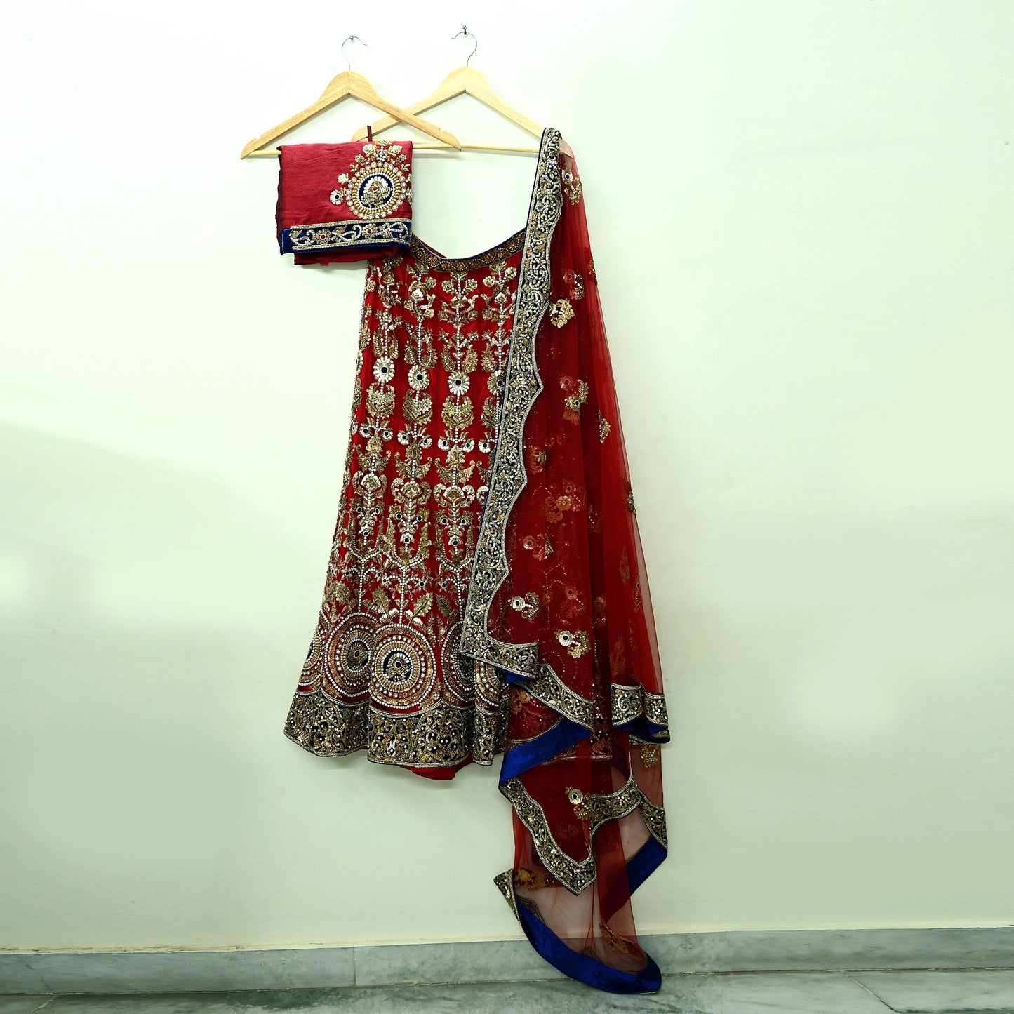 Indian Heavy Wedding Red Net/Mesh Hand Embroidered Lehenga 3pcs Set Designer By Anamika Khanna Party Wear