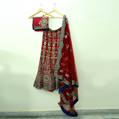 Indian Heavy Wedding Red Net/Mesh Hand Embroidered Lehenga 3pcs Set Designer By Anamika Khanna Party Wear