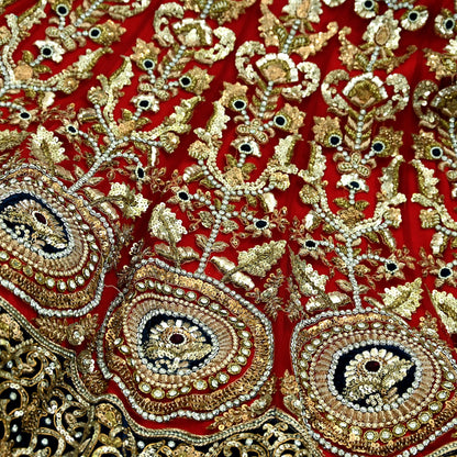 Indian Heavy Wedding Red Net/Mesh Hand Embroidered Lehenga 3pcs Set Designer By Anamika Khanna Party Wear