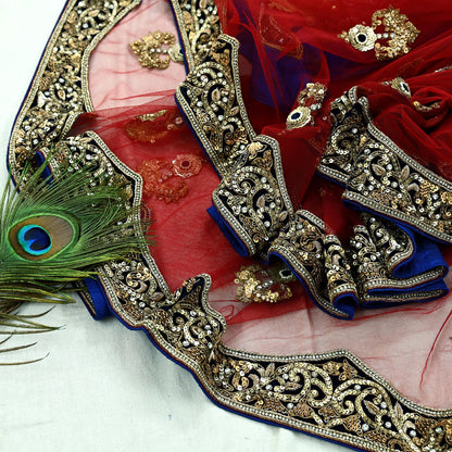 Indian Vintage Heavy Wedding Red Net/Mesh/ Velvet Hand Embroidered Dupatta Designer By Anamika Khanna Bridal Wear Dabka Zardozi Veil Hijab