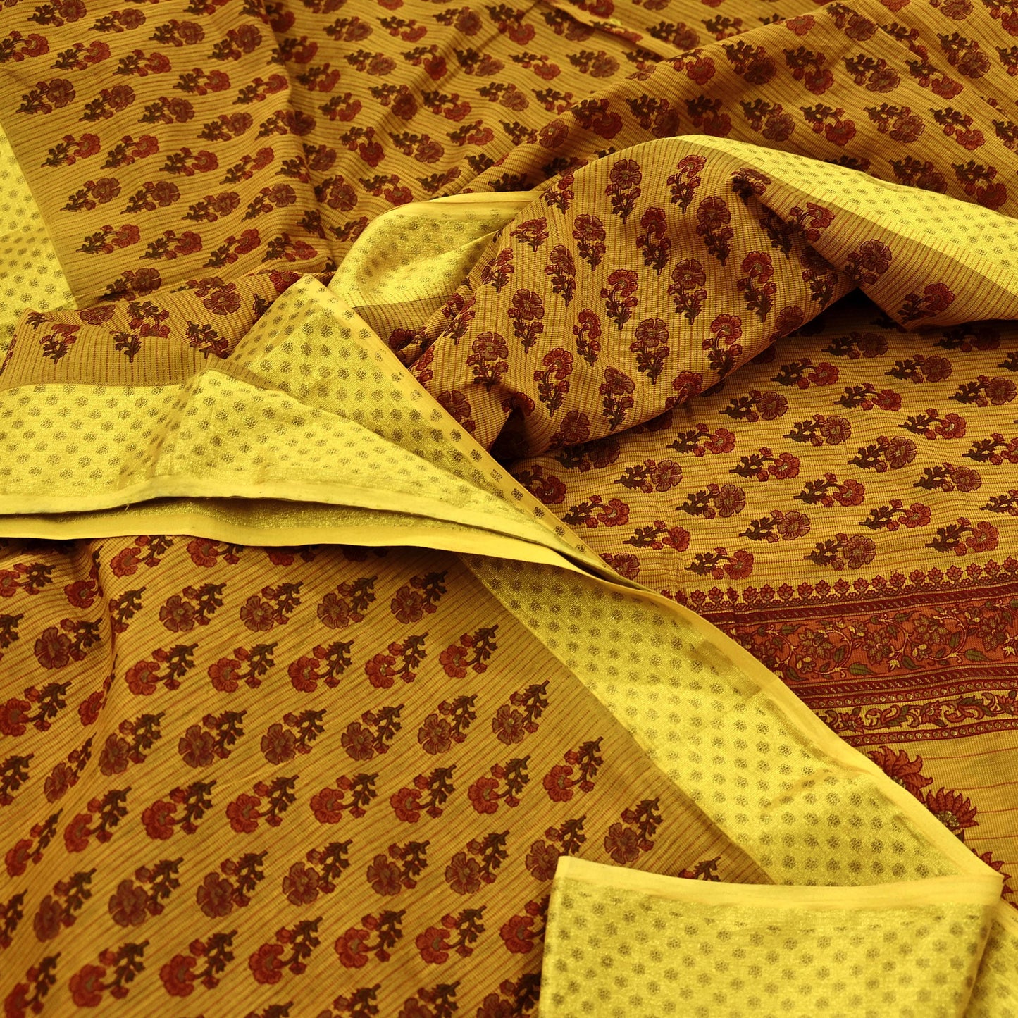 Indian Vintage Saffron Saree Blend Cotton Printed Sari Craft Fabric 5Yd Sewing Sarong Wrap Floral Dress Making Crafting Quilting Upcycle