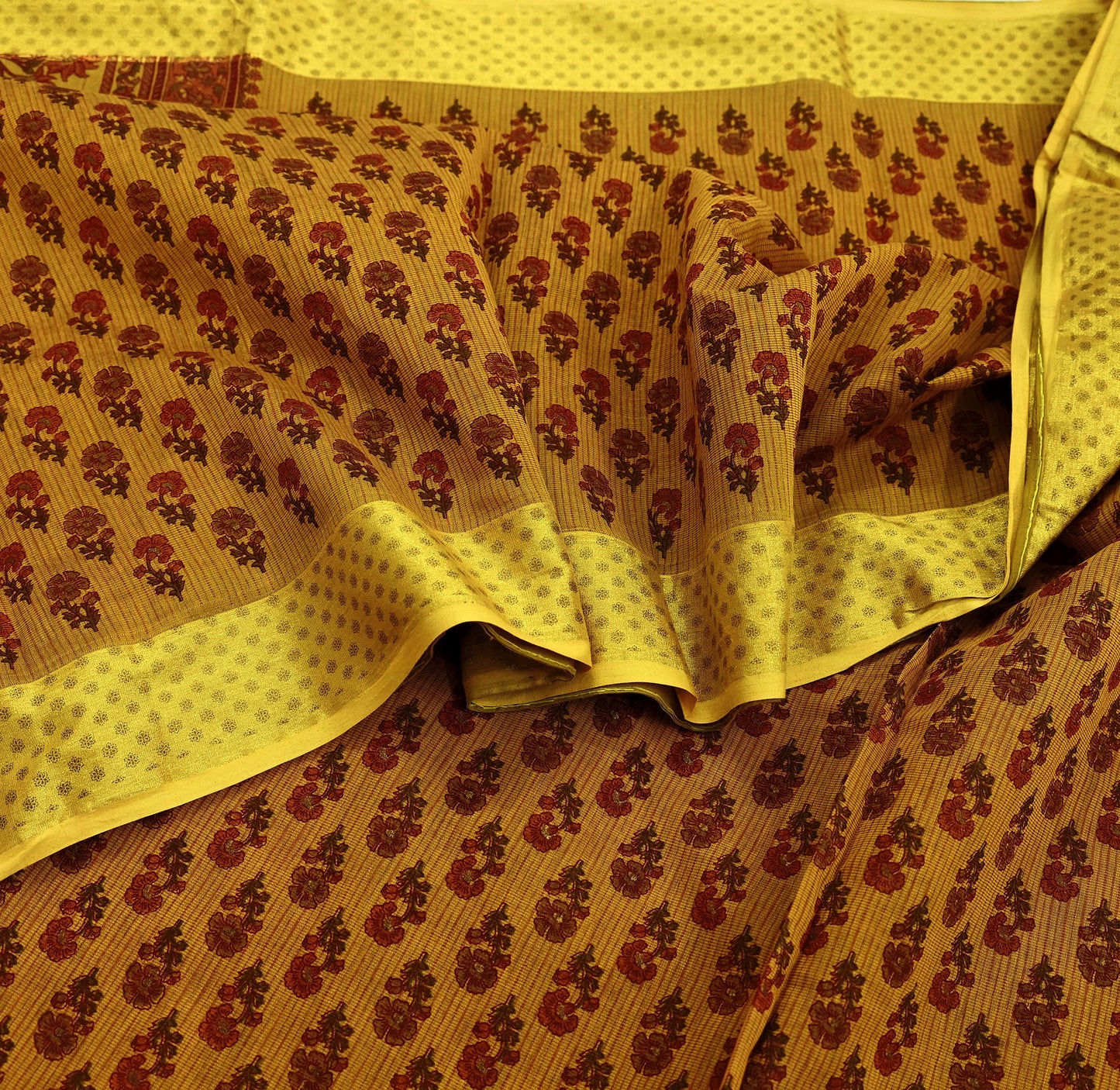 Indian Vintage Saffron Saree Blend Cotton Printed Sari Craft Fabric 5Yd Sewing Sarong Wrap Floral Dress Making Crafting Quilting Upcycle