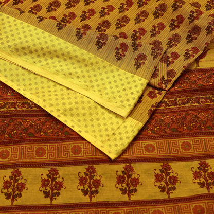 Indian Vintage Saffron Saree Blend Cotton Printed Sari Craft Fabric 5Yd Sewing Sarong Wrap Floral Dress Making Crafting Quilting Upcycle