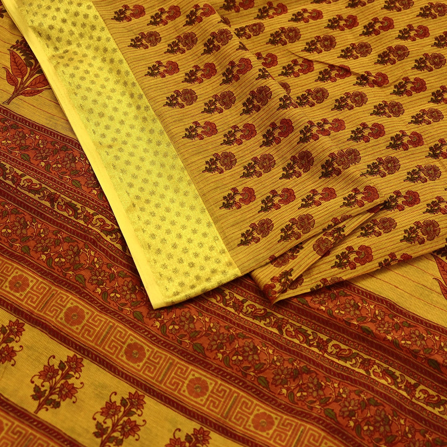 Indian Vintage Saffron Saree Blend Cotton Printed Sari Craft Fabric 5Yd Sewing Sarong Wrap Floral Dress Making Crafting Quilting Upcycle