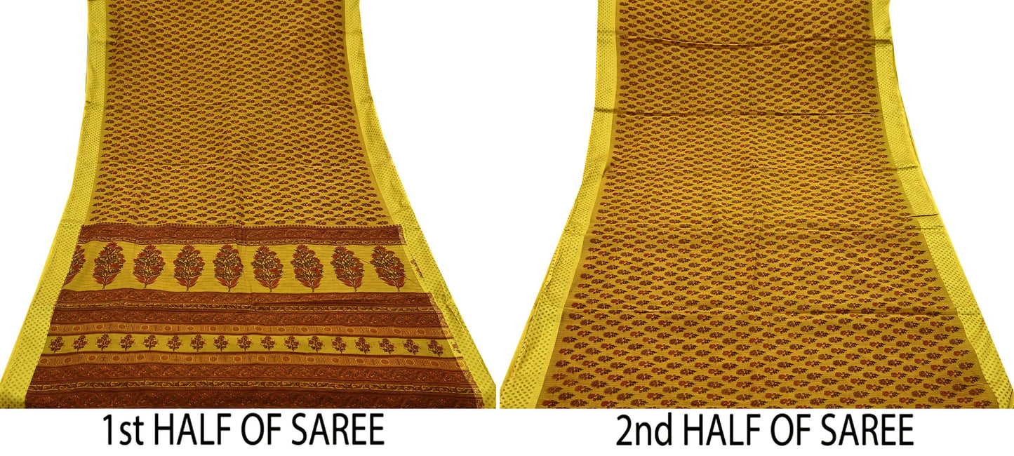 Indian Vintage Saffron Saree Blend Cotton Printed Sari Craft Fabric 5Yd Sewing Sarong Wrap Floral Dress Making Crafting Quilting Upcycle