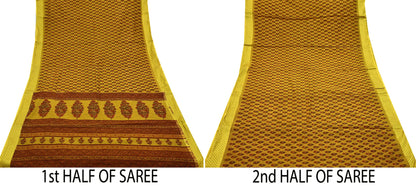 Indian Vintage Saffron Saree Blend Cotton Printed Sari Craft Fabric 5Yd Sewing Sarong Wrap Floral Dress Making Crafting Quilting Upcycle