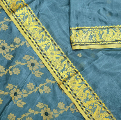 Indian Vintage Sari Gray Artificial Silk Hand Woven Sarees 5yd Ethnic Elephants Craft Fabric Sewing Wedding Sarees Dress making Crafting
