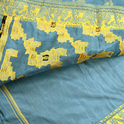 Indian Vintage Sari Gray Artificial Silk Hand Woven Sarees 5yd Ethnic Elephants Craft Fabric Sewing Wedding Sarees Dress making Crafting