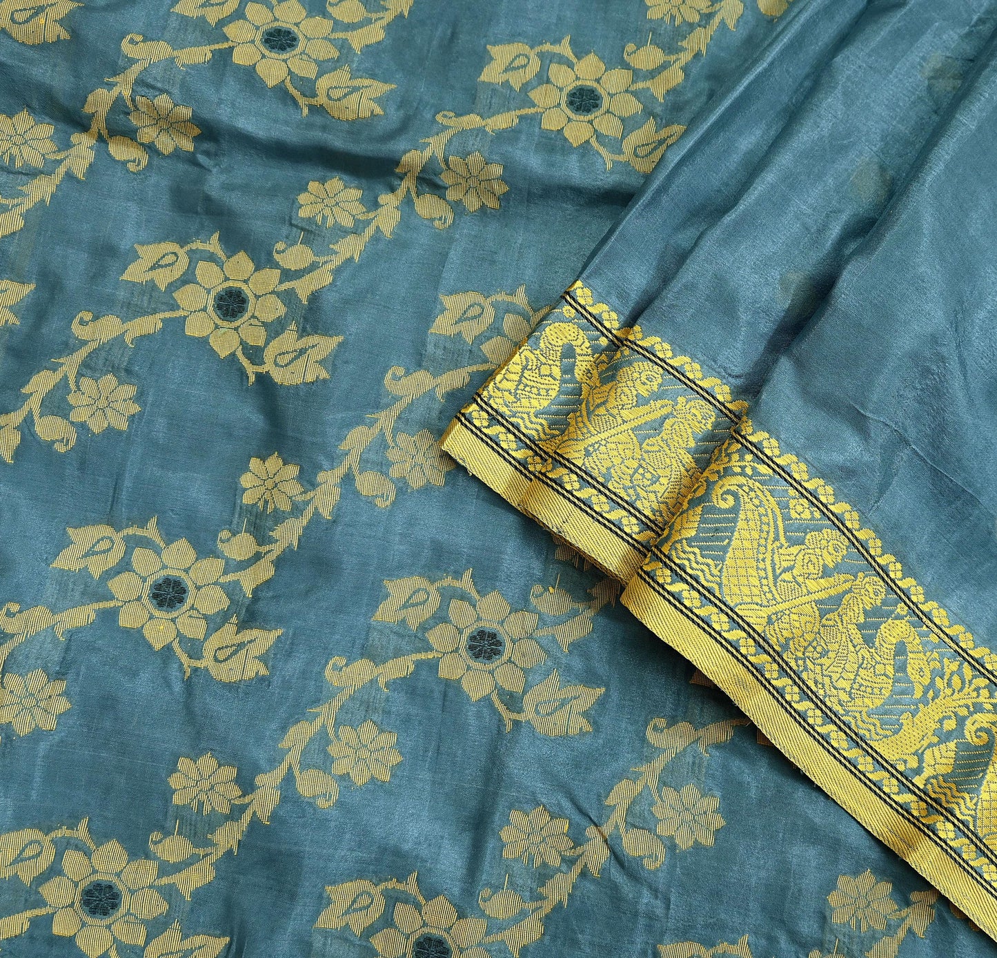 Indian Vintage Sari Gray Artificial Silk Hand Woven Sarees 5yd Ethnic Elephants Craft Fabric Sewing Wedding Sarees Dress making Crafting