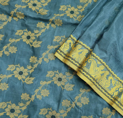 Indian Vintage Sari Gray Artificial Silk Hand Woven Sarees 5yd Ethnic Elephants Craft Fabric Sewing Wedding Sarees Dress making Crafting