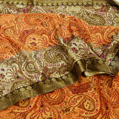 Indian Vintage Saree Beige & Saffron Moss Crepe Printed Sari | 5 Yards | Floral Soft Fabric for Sewing, Dressmaking, Crafting, Quilting