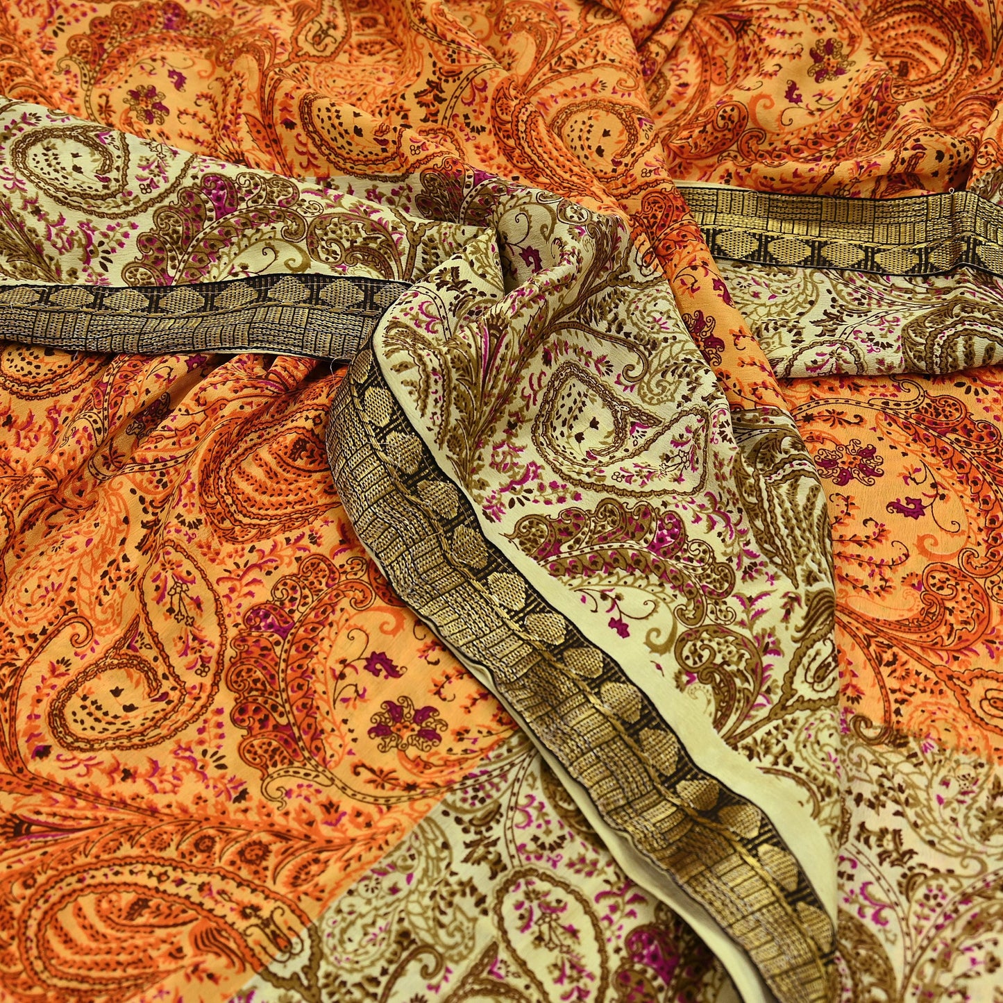 Indian Vintage Saree Beige & Saffron Moss Crepe Printed Sari | 5 Yards | Floral Soft Fabric for Sewing, Dressmaking, Crafting, Quilting