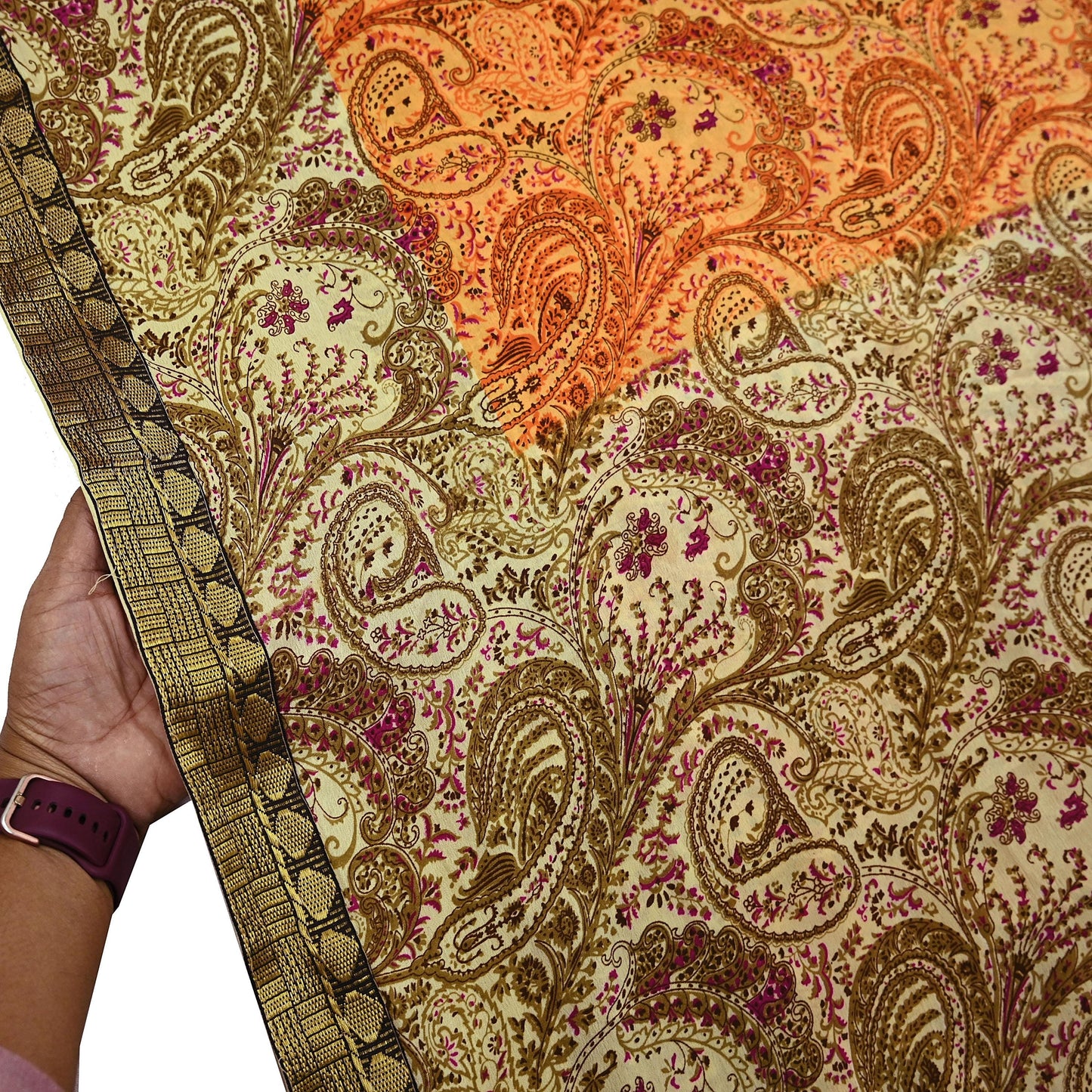 Indian Vintage Saree Beige & Saffron Moss Crepe Printed Sari | 5 Yards | Floral Soft Fabric for Sewing, Dressmaking, Crafting, Quilting